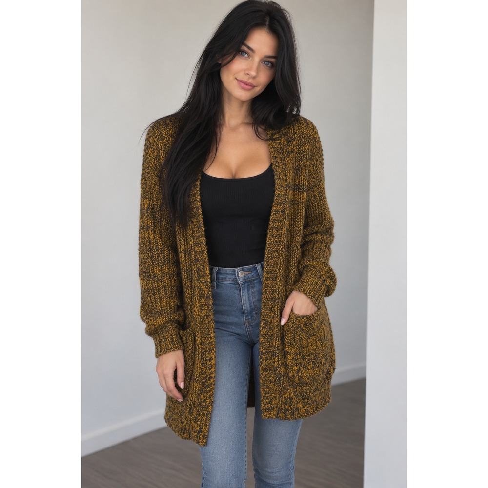 Forever 21 Mustard Yellow Marled Knit Open Front Cardigan Sweater Size L